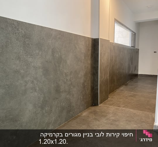 קירות ורצפה מחופים באריחים אפורים בשיפוץ